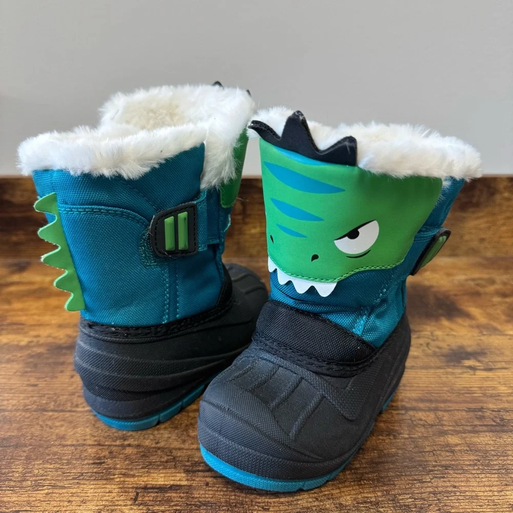 Cat & Jack Toddler Boys' Lennox Teal Winter Boots Frankie Dinosaur Size 5